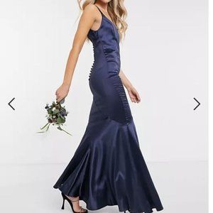 ASOS Design Bridesmaid Navy Blue Satin Button Back Maxi Gown NWT